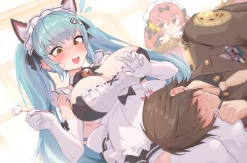 1boy 2girls :&lt; animal_ears apron bell bloom blue_hair blurry blurry_background blush breasts brown_hair brown_jacket brown_shirt cat_ears cleavage closed_mouth cocoa_(nikke) collared_shirt commander_(nikke) commentary_request couch covered_eyes dress ear_cleaning elbow_gloves embarrassed faceless faceless_male fake_animal_ears fang flying_sweatdrops forced_smile gloves goddess_of_victory:_nikke grin hair_ornament hair_over_eyes hairclip hands_up highres holding indoors jacket jingle_bell juliet_sleeves lap_pillow large_breasts light_particles long_bangs long_hair long_sleeves looking_at_another looking_down low_neckline lying maid maid_apron maid_headdress medal military_jacket military_uniform mimikaki multiple_girls neck_bell necktie nervous nose_blush on_couch on_side orange_eyes paw_hair_ornament pink_hair privaty_(nikke) privaty_(unkind_maid)_(nikke) puffy_sleeves scowl shirt short_dress short_hair shoulder_boards sirahune_penny sitting smile sweat thighhighs thumbs_up twintails underbust v-shaped_eyebrows waist_apron wavy_mouth white_apron white_gloves white_thighhighs window