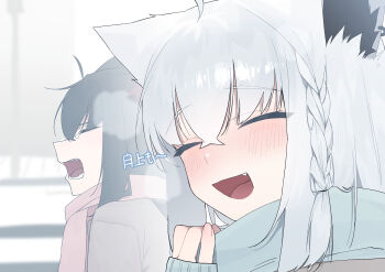 2girls :d absurdres ahoge alternate_costume animal_ear_fluff animal_ears black_hair blue_scarf braid closed_eyes commentary earrings fake_animal_ears fang fox_ears fox_girl hair_between_eyes heart highres hololive jewelry korean_commentary kurokami_fubuki light_blush looking_at_viewer mean_0603 multiple_girls open_mouth outdoors red_scarf scarf shirakami_fubuki single_braid single_earring smile speech_bubble teeth white_hair winter_clothes