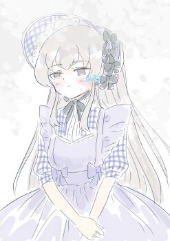 Rule 34 | 1girl, artist name, assault lily, black bow, black ribbon, blue bonnet, blue shirt, blush, bonnet, bow, commentary request, dress, egawa kusumi, frilled shirt collar, frills, fumi (fumifumi3axl), grey background, grey eyes, grey hair, hair bow, hand on own arm, highres, jewelry, long hair, looking ahead, neck ribbon, parted lips, pinafore dress, plaid clothes, plaid shirt, purple bow, purple dress, ribbon, ring, shirt, sidelocks, sleeveless, sleeveless dress, solo, standing, three-quarter sleeves, two-tone background, upper body, v arms, very long hair, white background