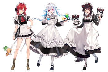 Rule 34 | 3girls, :3, :d, alternate costume, ange katrina, animal ears, ankle boots, apron, aqua gem, ascot, back bow, banken (inui toko), bib collar, bird, black dress, black shoes, blue eyes, blue gem, blue hair, blue ribbon, blush, boots, bow, bowtie, breasts, brooch, brown boots, brown hair, clothing cutout, collared dress, commentary request, creature, crossed bangs, dog ears, dog girl, dog tail, dress, fang, flat chest, floating, flower, food, frilled apron, frilled dress, frills, gem, gradient eyes, grin, hair between eyes, hair flower, hair intakes, hair ornament, hand on own hip, hand up, hands up, hanging on, hat, heterochromia, highres, holding, holding own dress, holding teapot, holding tray, ice cream, ice cream float, inui toko, inui toko (western maid), jewelry, juliet sleeves, lace-up boots, lize helesta, lize helesta (9th costume), long dress, long hair, long sleeves, maid, maid apron, maid headdress, mandragora, mandragora (ange katrina), mary janes, medium breasts, medium hair, melon soda, mob cap, multicolored eyes, multicolored hair, multiple girls, name tag, neck ribbon, nijisanji, open mouth, pantyhose, puffy long sleeves, puffy short sleeves, puffy sleeves, purple eyes, red ascot, red eyes, red hair, red ribbon, ribbon, sanbaka (nijisanji), sebastian piyodore, shoes, short dress, short sleeves, shoulder cutout, simple background, sleeve cuffs, smile, standing, streaked hair, tail, teapot, tray, triangle hair ornament, twintails, two-tone hair, underbust, usushio, virtual youtuber, waist apron, white apron, white background, white bow, white bowtie, white hair, white hat, white headdress, white pantyhose, white wrist cuffs, wrist cuffs, yellow bird, yellow eyes