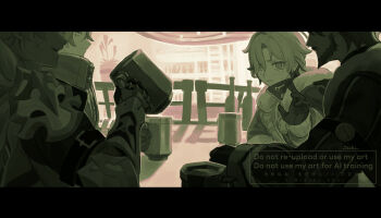 Rule 34 | 39 iduki, 4boys, armor, beer mug, bottle, closed mouth, commentary request, cup, facial hair, flins (genshin impact), gauntlets, genshin impact, gloves, greyscale, hair between eyes, highres, holding, holding cup, illuga (genshin impact), letterboxed, long sleeves, male focus, mole, mole under eye, monochrome, mug, multiple boys, plant, potted plant, scar, scar on face, signature, varka (genshin impact), watermark