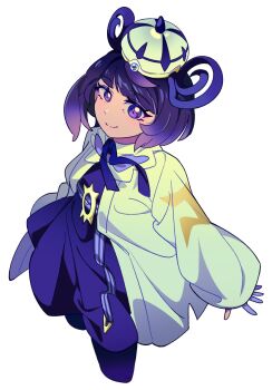 1girl black_dress black_pantyhose black_ribbon closed_mouth coat commentary_request dress eyelashes gloves gwynn_(pokemon) hat highres korean_commentary long_sleeves medium_hair neck_ribbon nintendo open_clothes open_coat pantyhose partially_fingerless_gloves pokemon pokemon_legends:_z-a purple_eyes purple_hair ribbon selyg15 simple_background smile solo white_background