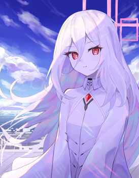 Rule 34 | 1girl, blue archive, blue sky, closed mouth, cloud, commentary, day, dress, hair between eyes, halo, highres, kei (blue archive), kei (new body) (blue archive), kuronagasu ir, long hair, looking at viewer, ocean, outdoors, pale skin, pink halo, rectangular halo, red eyes, sky, smile, solo, water, white dress, white hair