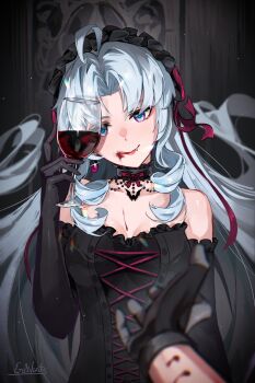 1boy 1girl :q absurdres ahoge alternate_costume aqua_eyes bare_shoulders bite_mark black_choker black_gloves blood_on_mouth blurry blurry_foreground breasts carlotta_(wuthering_waves) choker cleavage closed_mouth collarbone commentary cup drill_hair drill_sidelocks drinking_glass earrings elbow_gloves english_commentary erikvarts fang gloves grey_hair highres holding holding_cup jewelry licking_lips long_hair looking_at_viewer male_rover_(wuthering_waves) medium_breasts parted_bangs pov pov_hands rover_(wuthering_waves) sidelocks signature tongue tongue_out upper_body very_long_hair wuthering_waves