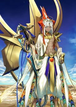 1boy abs absurdly_long_hair ahoge ancient_egyptian ancient_egyptian_clothes arm_at_side armor blue_sky bright_pupils cape closed_mouth cloud day desert fate/grand_order fate_(series) feet_out_of_frame floating floating_object game_cg gauntlets gloves gold_armor gold_necklace gold_sandals grey_eyes hand_up harem_pants holding holding_staff horizon jewelry long_hair looking_at_viewer midair navel necklace nemes no_shirt official_art pants parted_bangs partially_fingerless_gloves pauldrons pectorals pharaoh sand sandals see-through_clothes see-through_shawl shawl shoulder_armor side_cape single_pauldron sky smile solo spoilers staff stomach_tattoo straight_hair tattoo third-party_source toned toned_male tutankhamun_(fate) tutankhamun_(third_ascension)_(fate) uraeus usekh_collar very_long_hair white_cape white_pants white_pupils yoco_n_(lasengle)