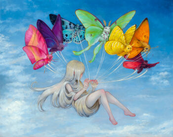 1girl blonde_hair bug camilla_d&#039;errico cloud cloudy_sky feet insect long_hair mini_person minigirl moth nude original sky solo surreal very_long_hair