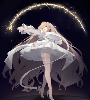 1girl absurdres anchorage_(azur_lane) anchorage_(oath_of_sunsets_and_fireworks)_(azur_lane) azur_lane black_background breasts bride brown_hair dress fireworks high_heels highres holding holding_fireworks large_breasts lump_saury off-shoulder_dress off_shoulder official_alternate_costume open_mouth solo wedding_dress white_dress