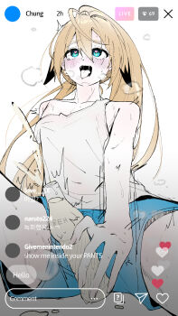 1boy 4mingbbu ahegao animal_ears blonde_hair blue_eyes blue_shorts body_blush bosa(artist) bottle elsword hatching heart heart-shaped_pupils highres implied_ejaculation implied_masturbation long_hair male_focus milk_bottle open_mouth original ponytail puff_of_air saliva shorts sweat symbol-shaped_pupils tank_top tongue tongue_out trap