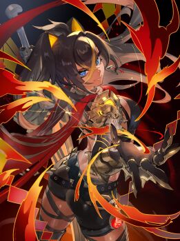 1girl arm_armor armlet ass asymmetrical_clothes beacon_of_the_reed_sea_(genshin_impact) belt black_belt black_gloves black_hair black_pants blonde_hair blue_eyes boots breasts claw_ring commentary_request criss-cross_halter crossed_bangs crossed_belts dark-skinned_female dark_skin dehya_(genshin_impact) earrings elbow_gloves fingerless_gloves flaming_hand from_behind genshin_impact gloves gold_choker hair_between_eyes hair_ears hair_intakes halterneck highres holding holding_sword holding_weapon jewelry large_breasts long_hair long_hair_between_eyes looking_at_viewer multicolored_hair multiple_thigh_straps open_hand pants parted_lips single_earring single_fingerless_glove smile solo streaked_hair sword thigh_boots thigh_strap thighs toned toned_female torn_clothes torn_pants twitter_username two-tone_hair type-alpha very_long_hair vision_(genshin_impact) weapon yellow_pupils