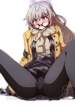 1girl absurdres black-framed_eyewear black_panties black_pantyhose blue_archive blush brown_hair brown_scarf commentary_request fringe_trim glasses gloves grey_gloves grey_skirt hair_between_eyes halo highres jacket kotama_(blue_archive) kotama_(camp)_(blue_archive) long_hair open_clothes open_jacket panties panties_under_pantyhose pantyhose parted_lips pleated_skirt ponytail purple_eyes scarf simple_background skirt solo sweat sweater to_(tototo_tk) underwear very_long_hair white_background yellow_jacket