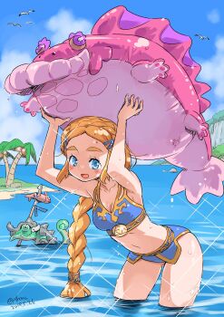 1girl :d absurdres alternate_hairstyle armpits arms_up artist_name beach bikini bird blonde_hair blue_bikini blue_eyes braid breasts caustics cleavage cloud coconut coconut_tree commentary crown_braid dated fish fishing_spear flying glint hair_ornament hairclip happy highres inflatable_toy isedaichi_ken leaning_forward lizalfos long_hair looking_at_viewer medium_breasts molduga monster navel nintendo ocean open_mouth outdoors palm_tree polearm princess_zelda print_bikini red_eyes seagull single_braid sky smile solo_focus sparkle spear standing swimsuit the_legend_of_zelda the_legend_of_zelda:_breath_of_the_wild thighs tree triforce_print twitter_username very_long_hair wading water weapon wet