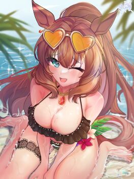 1girl absurdres animal_ears awooogie bare_shoulders beach bikini black_bikini blush breasts brown-tinted_eyewear brown_hair cleavage ear_ornament eyewear_on_head flower frilled_bikini frilled_thigh_strap frills heart heart-shaped_eyewear highres horse_ears horse_girl horse_tail jewelry large_breasts long_hair looking_at_viewer maruzensky_(hot_summer_night)_(umamusume) maruzensky_(umamusume) necklace ocean official_alternate_costume one_eye_closed open_mouth orange-tinted_eyewear outdoors palm_leaf palm_tree ponytail sitting smile solo sunglasses swimsuit tail thigh_strap tinted_eyewear tree umamusume water wet white-framed_eyewear yokozuwari