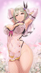 Rule 34 | 1girl, armpits, arms up, bar censor, black eyes, blush, breasts, censored, cleavage, closed mouth, detached sleeves, fishnet pantyhose, fishnets, grey hair, hair between eyes, hair ornament, heart, heart hair ornament, highres, idolmaster, idolmaster cinderella girls, large breasts, lips, looking at viewer, mk (mod0), nipples, no panties, pantyhose, presenting armpit, pubic hair, pussy, see-through, shiomi syuko, short hair, smile, solo, white pantyhose