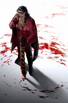 1boy absurdres beard_stubble black_eyes black_hair black_shoes blonde_hair blood blood_on_ground bloody_weapon chest_hair coat coat_on_shoulders commentary_request facial_hair full_body gloves highres holding holding_lighter holding_sword holding_weapon jacket lei_heng_(project_moon) lighter lighting_cigarette limbus_company male_focus medium_hair multicolored_hair pants project_moon red_coat red_gloves red_jacket red_pants red_shirt rombit_peace shirt shoes simple_background solo streaked_hair stubble suit_jacket sword watermark weapon white_background