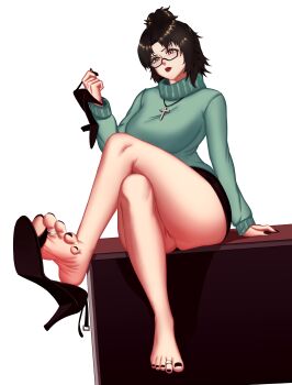 1girl absurdres ana_xenakis anus anus_peek barefoot cleft_of_venus cross crossed_legs crucifix feet_up full_body glasses greek_toe highres jewelry nail_polish original ponytail pussy pussy_peek shoe_dangle shoes sitting soles solo teacher toe_ring toenail_polish toenails toes unworn_shoes upskirt wrinkled_feet