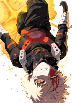 1boy absurdres bakugou_katsuki blonde_hair blood blood_on_face boku_no_hero_academia closed_mouth commentary_request highres korean_commentary kuun_(god_khunbam) male_focus simple_background solo spiked_hair superhero_costume teeth upside-down white_background
