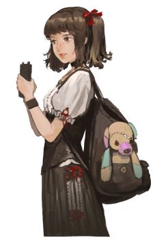 Rule 34 | 1girl, absurdres, backpack, bag, brown hair, commentary request, corset, cropped legs, eyelashes, freckles, highres, holding, holding phone, mtz, one side up, original, parted lips, phone, short hair, simple background, skirt, smile, stuffed animal, stuffed dog, stuffed toy, white background