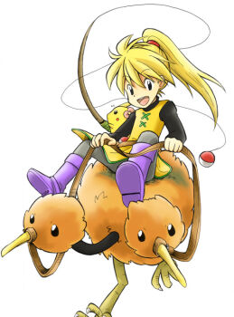 1990s_(style) 1girl black_eyes blonde_hair boots chuchu_(pokemon) doduo dress fishing_rod gen_1_pokemon holding holding_fishing_rod long_hair nintendo pantyhose pikachu poke_ball poke_ball_(basic) pokemon pokemon_(creature) pokemon_adventures pokemon_rgby ponytail retro_artstyle riding riding_pokemon sitting tabard turtleneck waist_poke_ball yellow_(pokemon)