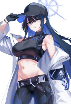 1girl arm_up armpit_peek baseball_cap blue_archive blue_eyes blue_hair breasts coat expressionless gloves halo hat highres large_breasts legs long_hair looking_at_viewer midriff navel open_clothes open_coat pants parted_lips saori_(blue_archive) shaded_face teeth thighs toned