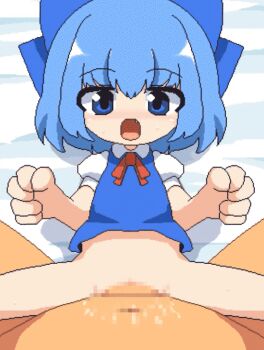 1boy 1girl animated animated_gif bed blue_eyes blue_hair blush bottomless censored cirno clothed_female_nude_male cum cum_in_pussy cum_inflation fairy fairy_wings fang flat_chest hetero inflation loli looking_at_viewer lying midget missionary mosaic_censoring nude on_back on_bed open_mouth penis pixel_art pov pov_crotch pussy pussy_juice rinfone sex solo_focus spread_legs stomach_bulge sweat tongue touhou vaginal wings