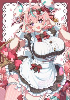 Rule 34 | 1girl, ahoge, animal ears, apron, basket, braid, breasts, brown dress, commentary request, cow ears, cow horns, dress, garter straps, genshin impact, hairband, heart, heart hands, horns, large breasts, long hair, nyorori (tatsutaage), pink hair, pink thighhighs, purple eyes, thighhighs, twin braids, valentine, varesa (genshin impact), white apron, wrist cuffs