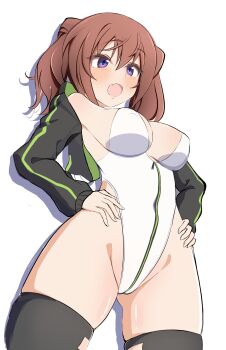 1girl absurdres alice_gear_aegis black_jacket black_thighhighs booth_babe breasts brown_hair circle_cutout cleavage_cutout clothing_cutout companion/af covered_collarbone from_below front_zipper full-length_zipper haruwo0096 highleg highleg_leotard highres jacket kimikage_yui leotard looking_at_viewer medium_breasts multicolored_leotard purple_eyes race_queen simple_background solo thighhighs twintails twintails_with_hair_base two-tone_leotard white_background white_leotard zipper zipper_leotard zipper_pull_tab