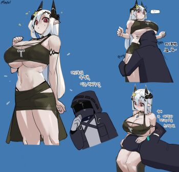 !? 1girl 1other alternate_breast_size_(larger) arknights blue_background blush breasts commentary_request doctor_(arknights) firstw1 gloves hair_between_eyes hair_ornament helmet highres horns huge_breasts korean_commentary korean_text lap_pillow material_growth midriff mudrock_(arknights) navel oripathy_lesion_(arknights) pointy_ears red_eyes ribbon simple_background speech_bubble star_(symbol) star_hair_ornament thick_thighs thighs translation_request white_hair white_ribbon