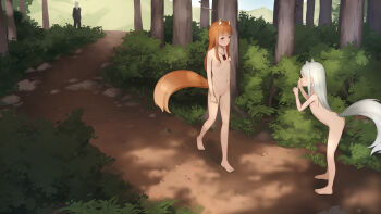 1boy 2girls animal_ear_fluff animal_ears arms_at_sides barefoot breasts brown_hair brown_tail completely_nude craft_lawrence dirt_road flat_chest forest grey_hair grey_tail holo long_hair looking_at_another mountain mountainous_horizon multiple_girls myuri_(spice_and_wolf) nature nipples nude outdoors pouch red_eyes road small_breasts spice_and_wolf standing tail tree_shade uncensored walking wolf_ears wolf_girl wolf_tail