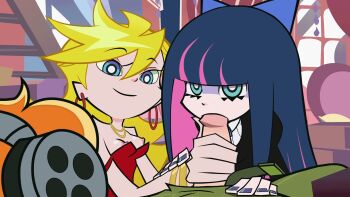 1boy 2girls animated animated_gif blonde_hair blue_eyes blunt_bangs blush breasts breasts_out brief_(psg) earrings fellatio forced gothic_lolita hair_ribbon indoors interior jewelry licking lolita_fashion long_hair multiple_girls necklace nipples oral panty_&amp;_stocking_with_garterbelt panty_(psg) penis pink_hair purple_hair purple_nails ribbon small_breasts smile stocking_(psg) uncensored zone_(artist)