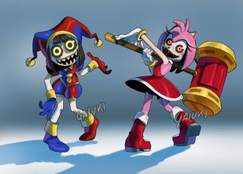 2_gaiuki 2girls amy_rose boots clown_girl crossover dress fang fangs glitch_productions gloves hammer hat hedgehog highres jester jester_cap looking_at_viewer medium_hair multiple_girls petite pomni_(the_amazing_digital_circus) possessed possession scary_face scary_smile sega smile sonic_(series) sonic_x the_amazing_digital_circus tms_entertainment toy_hammer