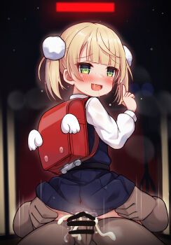 1boy 1girl absurdres anus backpack bag bar_censor blonde_hair blue_dress blunt_bangs blush censored clothed_sex commentary commentary_request cowgirl_position cum cum_in_pussy cum_overflow dashed_eyes dress drooling english_commentary fang from_behind girl_on_top green_eyes hair_ornament hetero highres indie_virtual_youtuber loli long_sleeves looking_at_viewer looking_back luxuriou_s mixed-language_commentary motion_lines no_panties nose_blush open_mouth paid_reward_available penis pinafore_dress pointing pointing_up pom_pom_(clothes) pom_pom_hair_ornament puffy_long_sleeves puffy_sleeves pussy pussy_juice randoseru red_bag saliva sex shigure_ui_(vtuber) shigure_ui_(vtuber)_(young) shirt short_hair skin_fang sleeveless sleeveless_dress speed_lines straddling twintails vaginal virtual_youtuber white_shirt x-ray