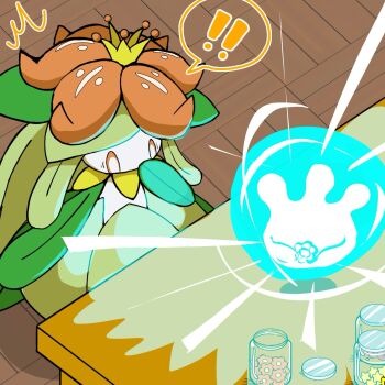 ! !! 1girl ^^^ colored_sclera colored_skin crown evolution female_focus floating flower gen_5_pokemon gen_8_pokemon glowing green_hair green_skin hair_flower hair_ornament hand_to_own_mouth hand_up highres indoors jar lilligant long_hair milcery mini_crown monster_girl monya nintendo orange_sclera plant_girl pokemon pokemon_(creature) red_flower speech_bubble spoken_exclamation_mark standing table white_eyes white_skin wooden_floor yellow_crown