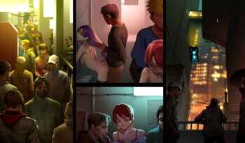 Rule 34 | as109, bags under eyes, black hair, brown hair, city, crowd, cyberpunk, grabbing another's hair, hat, highres, holding another's hair, long sleeves, medium hair, multiple boys, multiple girls, original, short hair, twintails