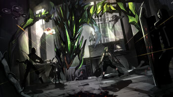 1boy 2girls 2others absurdres animal_ears arknights cape cat_ears dragon drone fighting highres horns hoshiguma_(arknights) huge_filesize kal'tsit_(arknights) lancet-2_(arknights) mon3tr_(arknights) mon3tr_(summon)_(arknights) multiple_girls multiple_others okoru_ringo robot shield silverash_(arknights) skin-covered_horns summoning