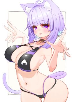 1girl ahoge animal_ear_fluff animal_ears belt_collar bikini black_bikini black_collar blue_hair breasts cat_ears cat_girl cat_tail cleavage closed_mouth collar food_print hair_intakes highres hololive kajimakoto large_breasts looking_at_viewer medium_hair nekomata_okayu onigiri_print purple_eyes purple_hair solo swimsuit tail virtual_youtuber