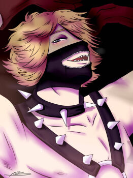 1boy bdsm blonde_hair blue_eyes blush bondage bound collar dead_rising dead_rising_3 drooling dylan_fuentes gloves harness highres king-of-limbo looking_at_viewer lying male_focus mask open_mouth saliva sharp_teeth short_hair solo teeth