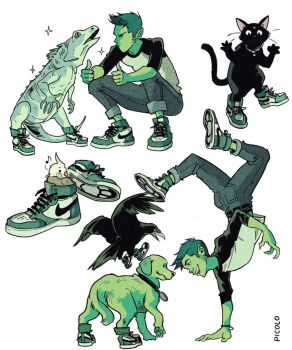 1boy beast_boy_(dc) bird black_eyes cat colored_skin dc_comics dog gabriel_picolo gabriel_picolo_(artist) green_hair green_skin lizard multiple_animals pointy_ears shoes solo teen_titans white_background