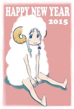 Rule 34 | 1girl, 2015, animal costume, animal ears, ano hi mita hana no namae wo bokutachi wa mada shiranai., aqua eyes, barefoot, between legs, blue flower, blush stickers, border, c:, chinese zodiac, closed mouth, colored shadow, dated, deformed, eating, english text, fading border, flat color, flower, full body, hair flower, hair ornament, hand between legs, happy, happy new year, heart, honma meiko, horns, long hair, looking at viewer, new year, pink background, shadow, sheep costume, sheep ears, sheep horns, sitting, smile, solo, tanaka masayoshi, v arms, white border, year of the goat