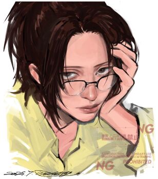 1other brown_eyes brown_hair closed_mouth collared_shirt dated glasses hand_in_own_hair hange_zoe highres looking_at_viewer medium_hair parted_bangs ponytail popsweetyio shingeki_no_kyojin shirt signature solo upper_body white_background yellow_shirt