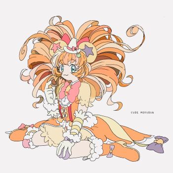 1girl :3 animal_ears ankle_socks aqua_eyes bear_ears bear_hat_ornament bib_collar big_hair bloomers boots bow bow_button bowtie brooch character_name chocolate closed_mouth commentary_request cure_mofurun curly_hair dress dress_bow eating food food_wrapper frilled_arm_warmers frilled_dress frilled_sleeves frills full_body fur-trimmed_boots fur-trimmed_gloves fur_trim gloves grey_background hair_bow hand_on_own_knee happy hat hat_bow highres holding holding_chocolate holding_food jewelry knee_pads long_hair looking_at_viewer magical_girl mahou_girls_precure! messy_hair mini_hat mini_witch_hat mofurun_(mahou_girls_precure!) orange_bow orange_dress orange_hair pink_bow pink_bowtie precure puffy_short_sleeves puffy_sleeves purple_bow red_bow see-through_clothes see-through_sleeves short_dress short_sleeves simple_background sitting smile socks solo star_(symbol) striped_arm_warmers tailcoat takahoshi_(yunch327) tareme two-tone_arm_warmers underwear wariza white_arm_warmers white_bow white_gloves white_hat white_socks witch_hat wrist_bow yellow_arm_warmers yellow_bloomers yellow_sleeves