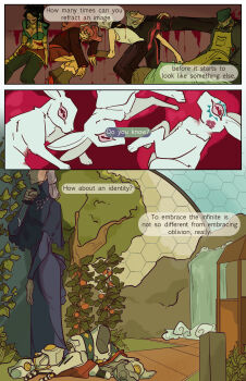 Rule 34 | 3girls, 4boys, absurdres, aged up, beanie, black hair, black pants, black robe, blood, blue dress, brown hair, commentary, corpse, death, dress, english commentary, english text, eyes out of frame, grey hair, hat, head out of frame, highres, holding, holding knife, ichimiya (kyokugen dasshutsu), knife, kurashiki akane, kyokugen dasshutsu, kyokugen dasshutsu: 9 jikan 9 nin 9 no tobira, kyokugen dasshutsu adv: zennin shibou desu, madsengland, midriff, multiple boys, multiple girls, niels (kyokugen dasshutsu), old, old woman, overalls, pants, pink hair, plant, rabbit, red skirt, robe, santa (kyokugen dasshutsu), shirt, skirt, spoilers, tomato, tree, unworn armor, water, waterfall, white hair, white shirt, yashiro (kyokugen dasshutsu), yellow overalls, yotsuba (kyokugen dasshutsu), zero iii