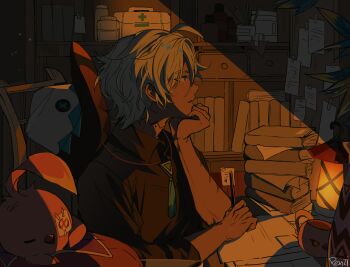 1boy absurdres ahoge artist_name black_shirt blue_eyes book book_stack bookshelf bottle cacucu_(genshin_impact) chair collared_shirt cowboy_hat cup cushion dark dark-skinned_male dark_skin elbow_rest eyepatch first_aid_kit genshin_impact hair_between_eyes hand_up hashtag-only_commentary hat hat_on_back head_rest highres holding holding_pen ifa_(genshin_impact) indoors lantern looking_ahead male_focus medical_eyepatch medicine_bottle mug night on_chair paper parted_bangs parted_lips pen penzi_(mok_pen) plant profile scar scar_on_arm shirt short_hair sitting sleeping solo table tassel upper_body white_hair white_hat