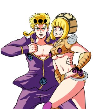 1boy 1girl blonde_hair breasts genderswap giorno_giovanna gold_experience highres jojo_no_kimyou_na_bouken looking_at_viewer purple_eyes purple_eyes_female shounen_jump stand_(jojo) tinafate1 vento_aureo white_background