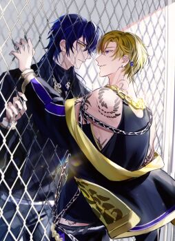 2boys absurdres against_fence bare_shoulders black_jacket black_pants black_shirt black_tank_top blonde_hair blue_hair bracelet buraikan_(paradox_live) chain chain-link_fence chain_necklace chinese_commentary closed_mouth commentary_request cowboy_shot csw- expressionless eye_contact fence from_side highres jacket jewelry kuzuryu_chisei letterman_jacket long_sleeves looking_at_another male_focus midriff_peek multiple_boys neck_tattoo necklace off_shoulder open_clothes open_jacket pants paradox_live profile purple_eyes shingu_haruomi shirt short_hair shoulder_tattoo smile standing tank_top tattoo turtleneck turtleneck_shirt two-sided_fabric two-sided_jacket yellow_eyes yellow_jacket