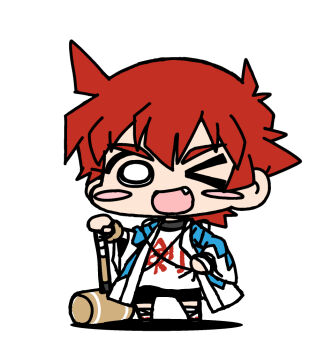 >_o 1girl bike_shorts black_shorts blush_stickers chibi chibi_only clothes_writing commentary_request cowlick fang full_body gyousatsu_shinsengumi hand_on_hilt hand_on_own_hip looking_at_viewer mallet nagakura_arata o_o one_eye_closed open_mouth planted red_hair shinsengumi shirt short_hair shorts simple_background smile solo standing thick_eyebrows v-shaped_eyebrows white_background white_shirt yagumo_kengou