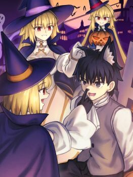 animal_ears archetype_earth arcueid_brunestud bat_(animal) black_gloves black_pants blonde_hair cape castle cat_ears dress dual_persona eco-arc fate/grand_order fate_(series) fujimaru_ritsuka_(male) full_moon ghost gloves halloween halloween_costume hat highres jack-o&#039;-lantern long_hair long_sleeves moon neckerchief pants pumpkin purple_cape purple_hat red_eyes shirt shoori_(migiha) short_hair strapless tsukihime tsukihime_(remake) vest white_dress white_gloves white_neckerchief white_shirt witch witch_hat