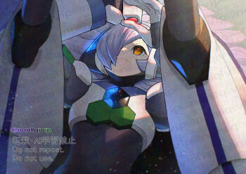 Rule 34 | 1boy, 1other, armor, axl (mega man), black bodysuit, bodysuit, long hair, lumine (mega man), mega man (series), mega man x8, mega man x (series), orange eyes, purple hair, solo focus, twitter username, watermark, white armor, white axl (mega man), yamanashi taiki