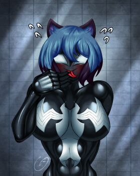 1girl abs absurdres animal_ears blue_hair blush brand_new_animal breasts claws commentary english_commentary ghostichino highres kagemori_michiru large_breasts living_clothes looking_at_mirror looking_at_viewer marvel mask mirror raccoon_ears she-venom spider-man_(series) symbiote tongue tongue_out venom_(marvel)