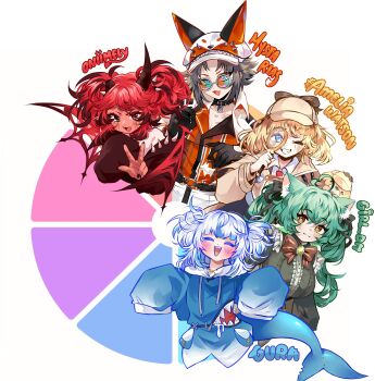 1boy 4girls absurdres ahoge animal_ears blonde_hair blue_eyes blue_hair blue_hoodie blush bow bowtie breasts cat_ears cat_girl character_name choker closed_eyes color_wheel_challenge commentary demon_girl demon_horns demon_wings drawstring drooling english_commentary fins fish_tail gawr_gura gawr_gura_(1st_costume) girl_dm girl_dm_(magical_girl) glasses gloves green_hair grey_hair hair_bow hat highres holding holding_plate hololive hololive_english holomyth hood hood_down hoodie horns indie_virtual_youtuber long_hair long_sleeves magnifying_glass medium_breasts messy_hair multicolored_hair multiple_drawing_challenge multiple_girls mysta_rias mysta_rias_(1st_costume) nijisanji nijisanji_en one_eye_closed oniimely oniimely_(vtuber) open_mouth plate pointy_ears red_hair shark_girl shark_tail sharp_teeth sleeves_past_fingers sleeves_past_wrists smile streaked_hair tail teeth tongue twintails unfinished v virtual_youtuber watson_amelia watson_amelia_(1st_costume) white_hair wings yellow_eyes