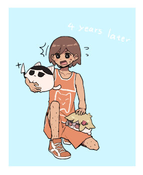 Rule 34 | 1boy, animalization, antenna hair, basil (faraway) (omori), basil (omori), black eyes, black hair, blonde hair, blue background, brown hair, cat, collarbone, commentary request, dark-skinned male, dark skin, flower, flying sweatdrops, hair behind ear, hair flower, hair ornament, highres, kel (faraway) (omori), kel (omori), knee up, knife, male focus, okudo (okudo61), omori, open mouth, orange shoes, orange shorts, orange tank top, rabbit, rectangular mouth, red eyes, shoes, shorts, simple background, sneakers, solo, squatting, sunny (omori), tank top